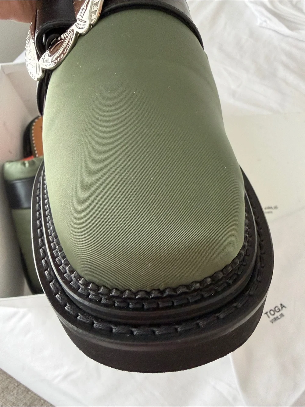 TOGA Virilis AJ 1357 Olive Nylon Slip-on Buckle Mules Men’s EU 45 / US 12